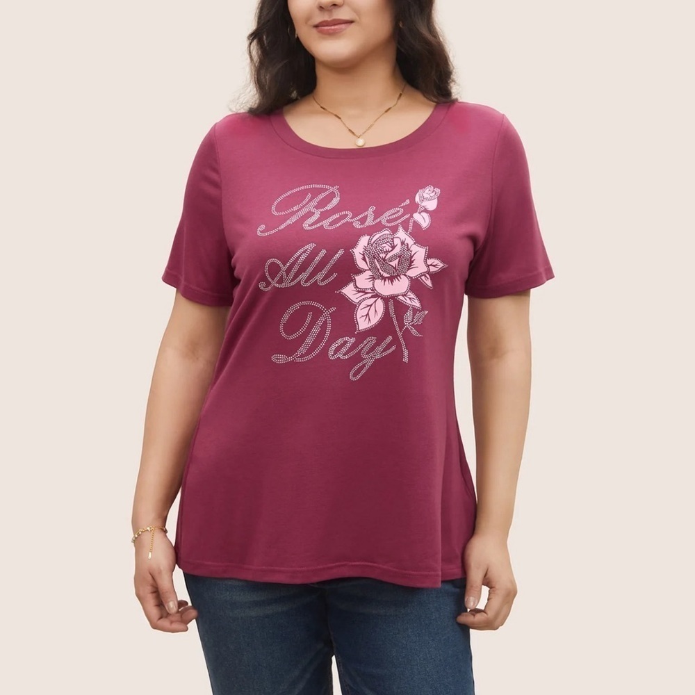 BloomChic Plus Size 2XL Natural Flowers Rhinestone Round Neck T-shirt us18-20